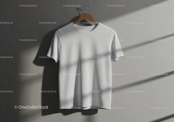 White T Shirt Hanging on Wooden Hanger with Shadows JPG Mockup Image