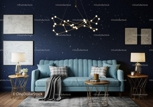 Cozy living room with constellation wall design and blue sofa