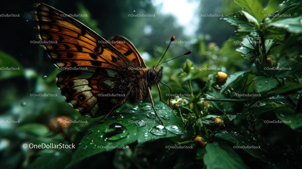 Close-up of Orange and Black Butterfly on Leaf in Tropical Garden