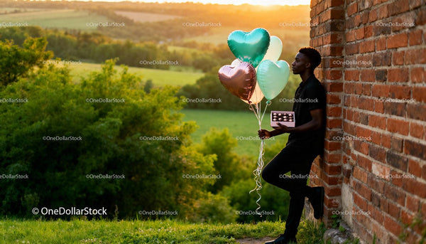 Man with Heart Balloons and Chocolates by Brick Wall