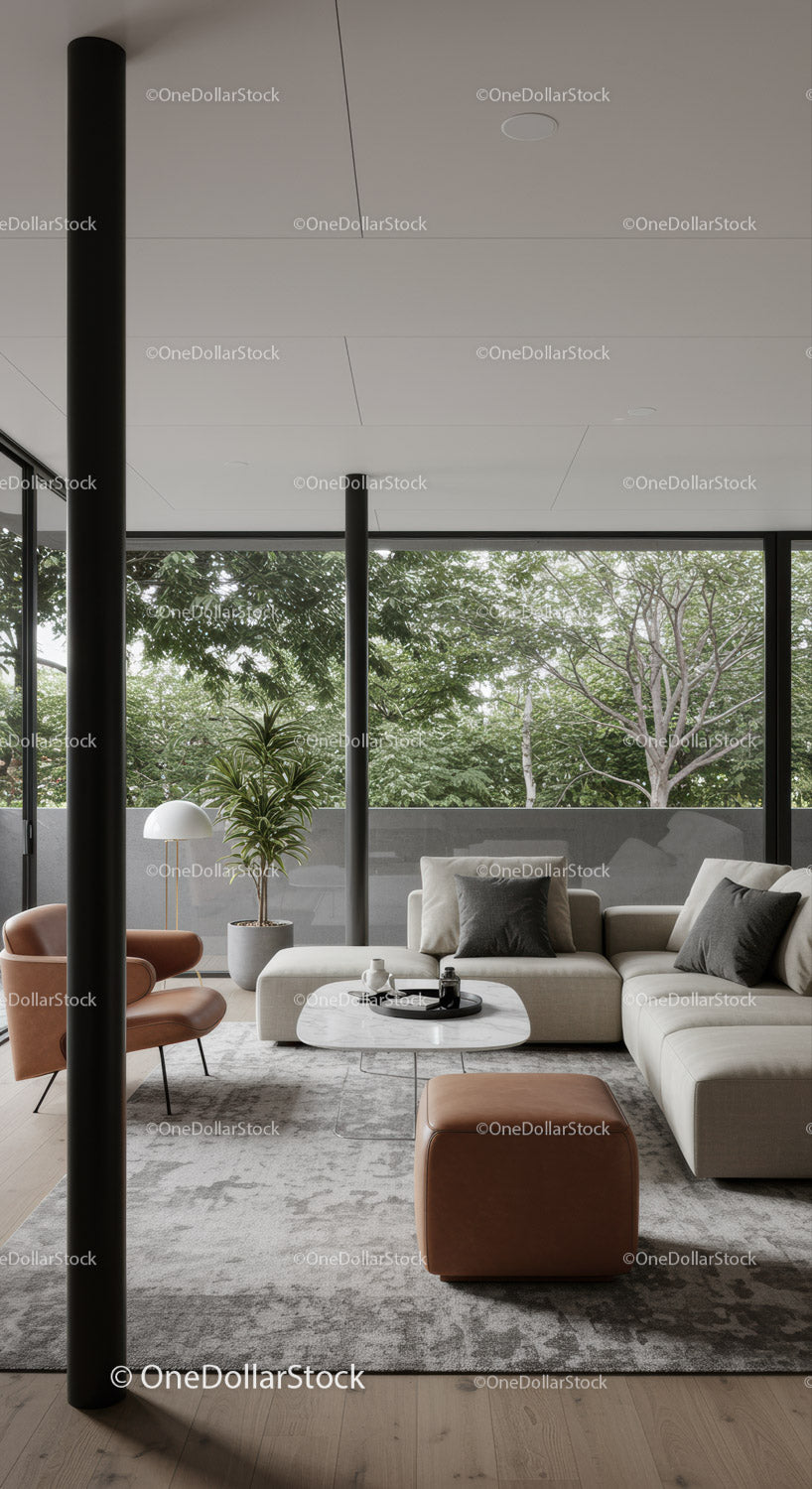 Modern living room with large windows and green view