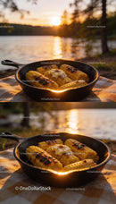 Grilled corn on the cob with butter by the lake