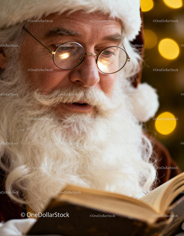 Thoughtful Santa Claus Reading a Vintage Book by Warm Lights