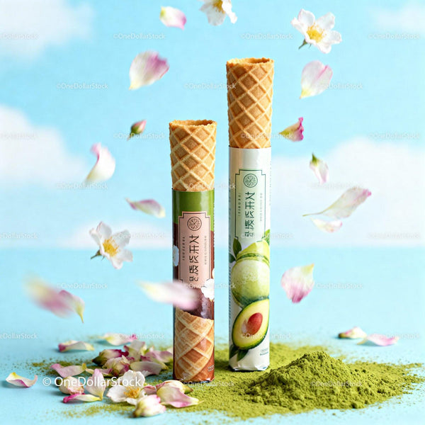 Crisp Waffle Cones with Matcha Powder and Floral Accents