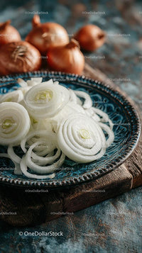Fresh White Onion Slices on Ornate Blue Plate with Onions in Background Stock Photo Bundle preview