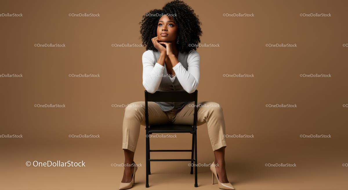 Elegant Modern Woman Sitting on Chair in Studio with Brown Background