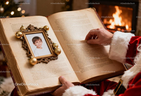 Santa Claus Reading a Storybook by the Fireplace