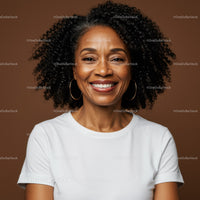 Confident Smiling Woman with Curly Hair and Hoop Earrings