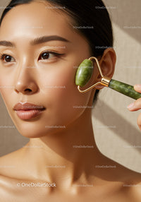 Asian Woman Using Jade Roller for Facial Skincare and Rejuvenation