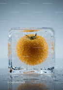 Fresh Orange Frozen Inside a Clear Ice Cube Block