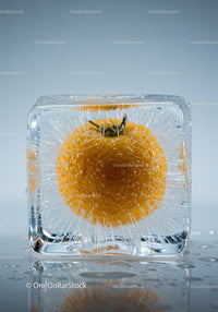 Fresh Orange Frozen Inside a Clear Ice Cube Block