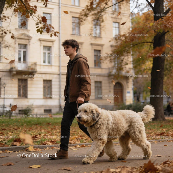 Młody mężczyzna spacerujący z puszystym psem po jesiennej ulicy miasta