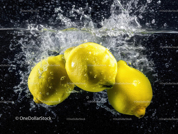 Lemons Splashing into Water Creating Refreshing Burst of Yellow