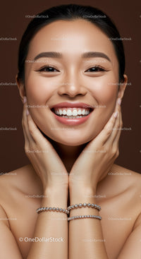 Young Asian woman smiling with hands on face and bracelets