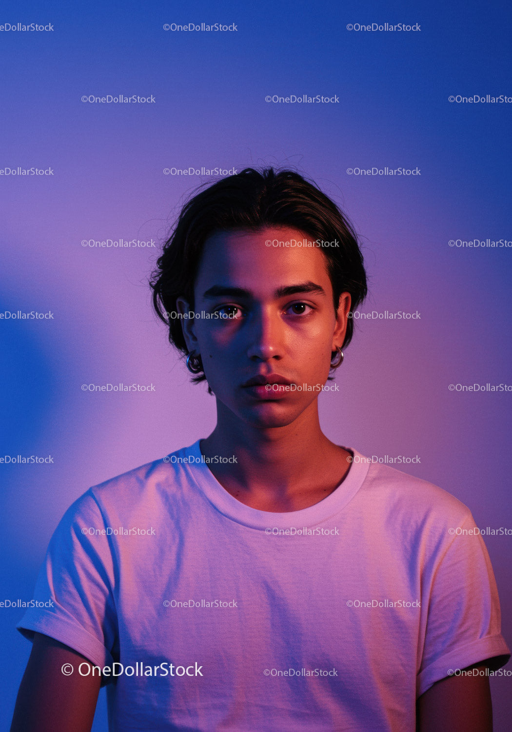 Young Woman Portrait with Vibrant Colored Lighting in Modern Studio