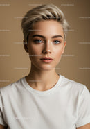 Professional Portrait of a Young Woman with Short Blonde Hair and Blue Eyes