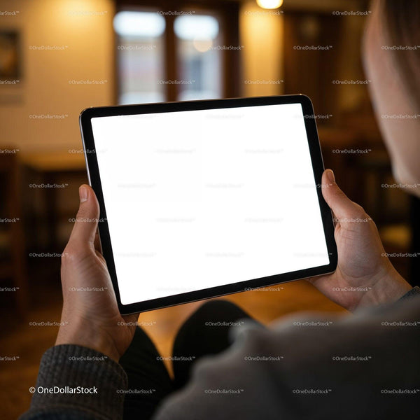 Person holding digital tablet with blank screen indoors JPG Mockup Image