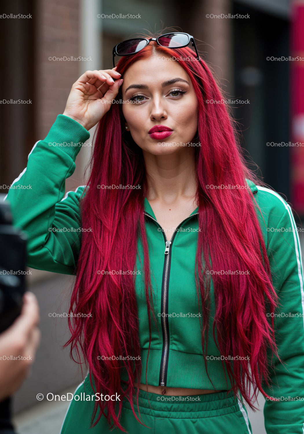 Vibrant Red Hair Woman in Green Tracksuit with Sunglasses in City