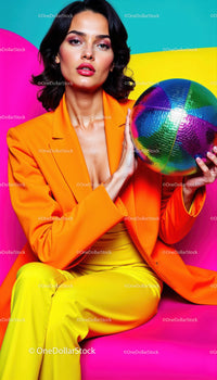 Stylish Woman with Disco Ball in Bright Colorful Studio Setting