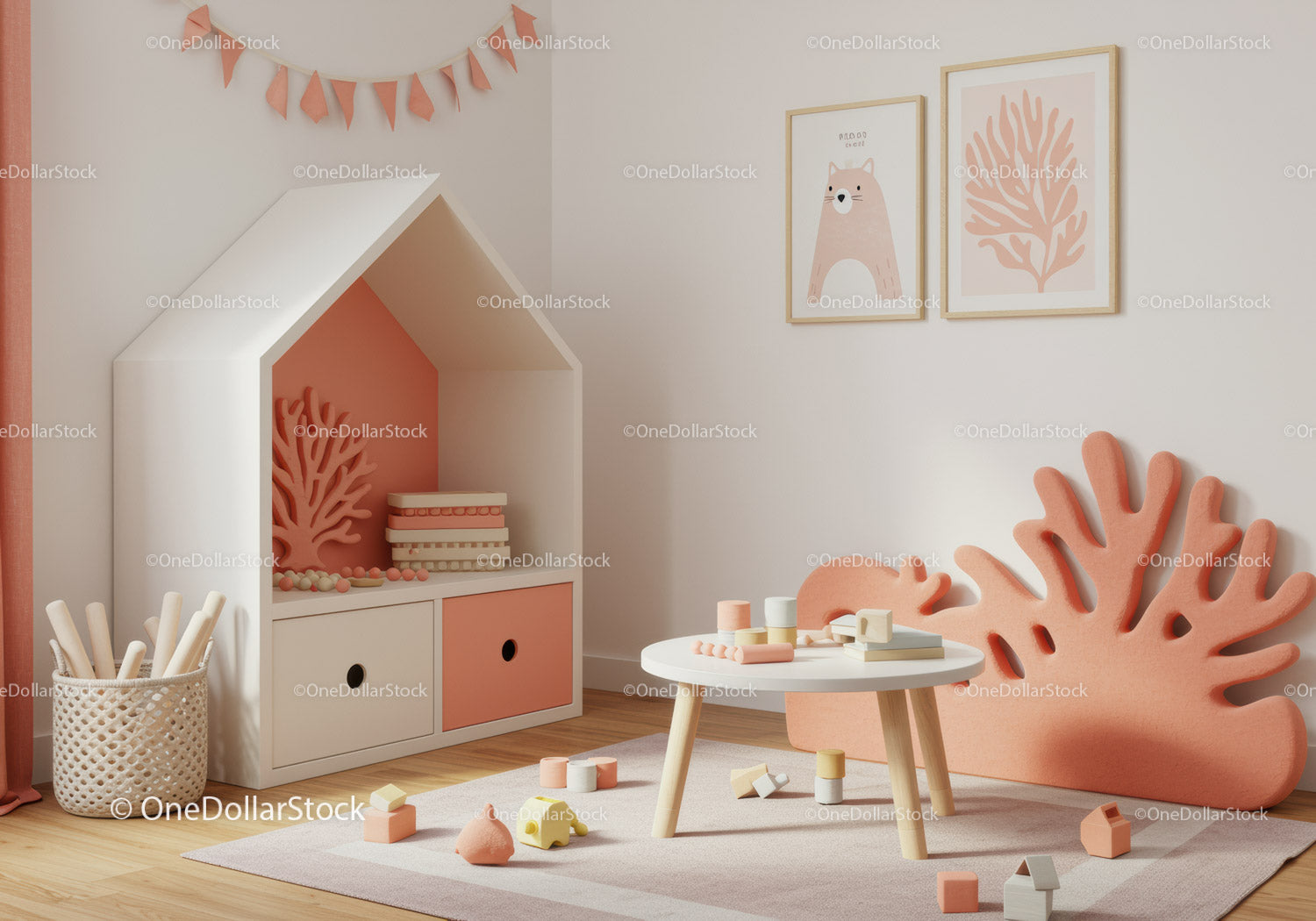Stylish Pastel Children's Bedroom with Coral Decor and Art Walls
