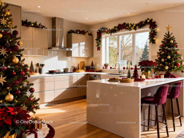 Modern Kitchen Decorated for Warm Christmas Celebration