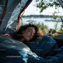 Young Woman Relaxing Inside a Cozy Tent by the Lake