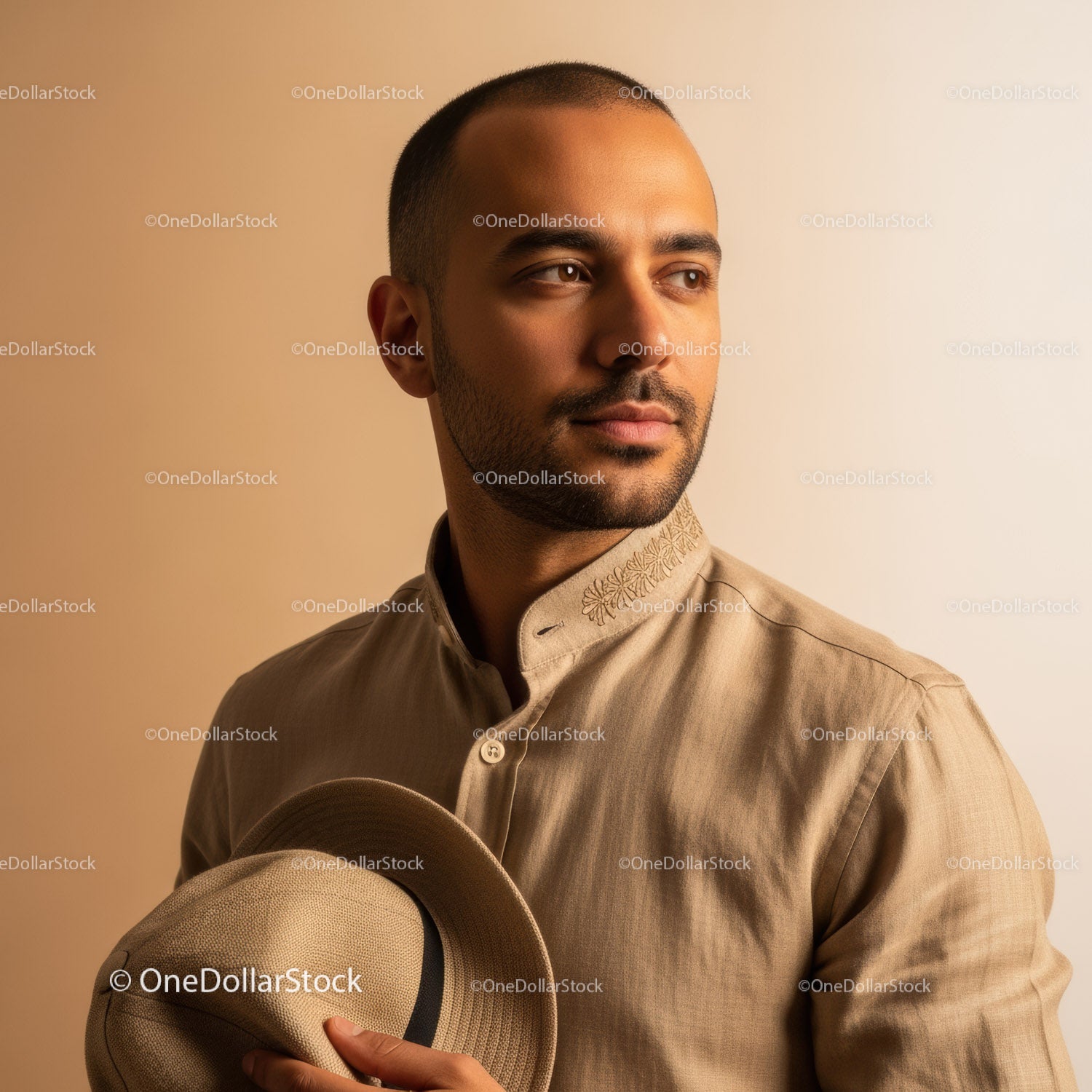 Stylish Male Model in Beige Shirt Holding Hat for Fashion Portrait