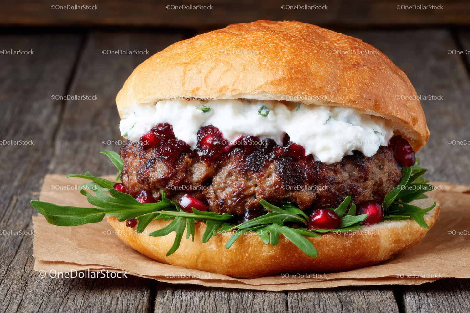 Wykwintny burger wołowy z serem i granatem na rustykalnym drewnie
