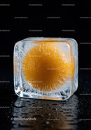 Fresh orange frozen inside a melting ice cube