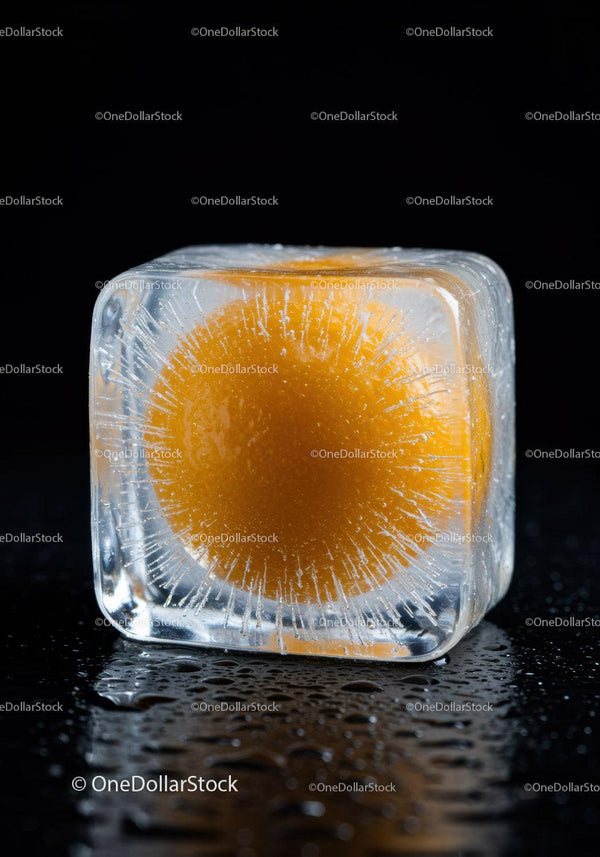 Fresh orange frozen inside a melting ice cube