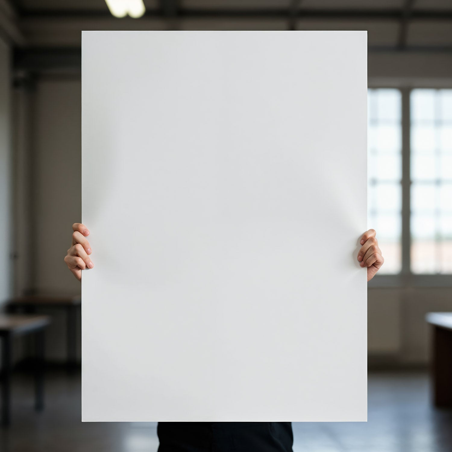 Person Holding Large Blank White Poster Indoors