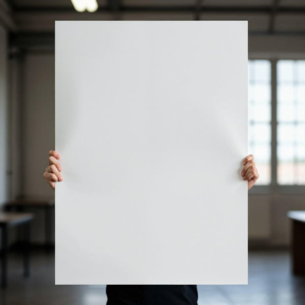 Person Holding Large Blank White Poster Indoors JPG Mockup Image