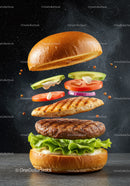 Deconstructed grilled chicken and beef burger ingredients