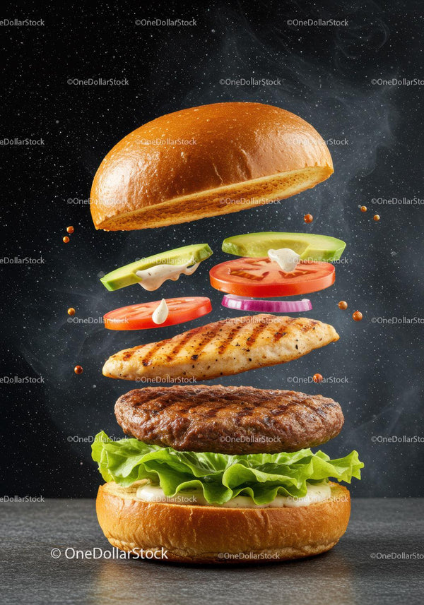 Deconstructed grilled chicken and beef burger ingredients