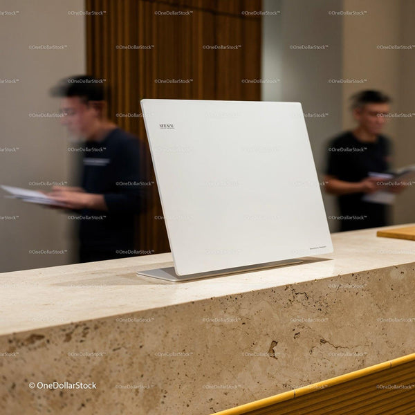 Minimalist white menu stand on stone counter in restaurant JPG Mockup Image