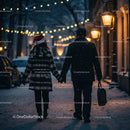 Couple holding hands on snowy festive street at dusk