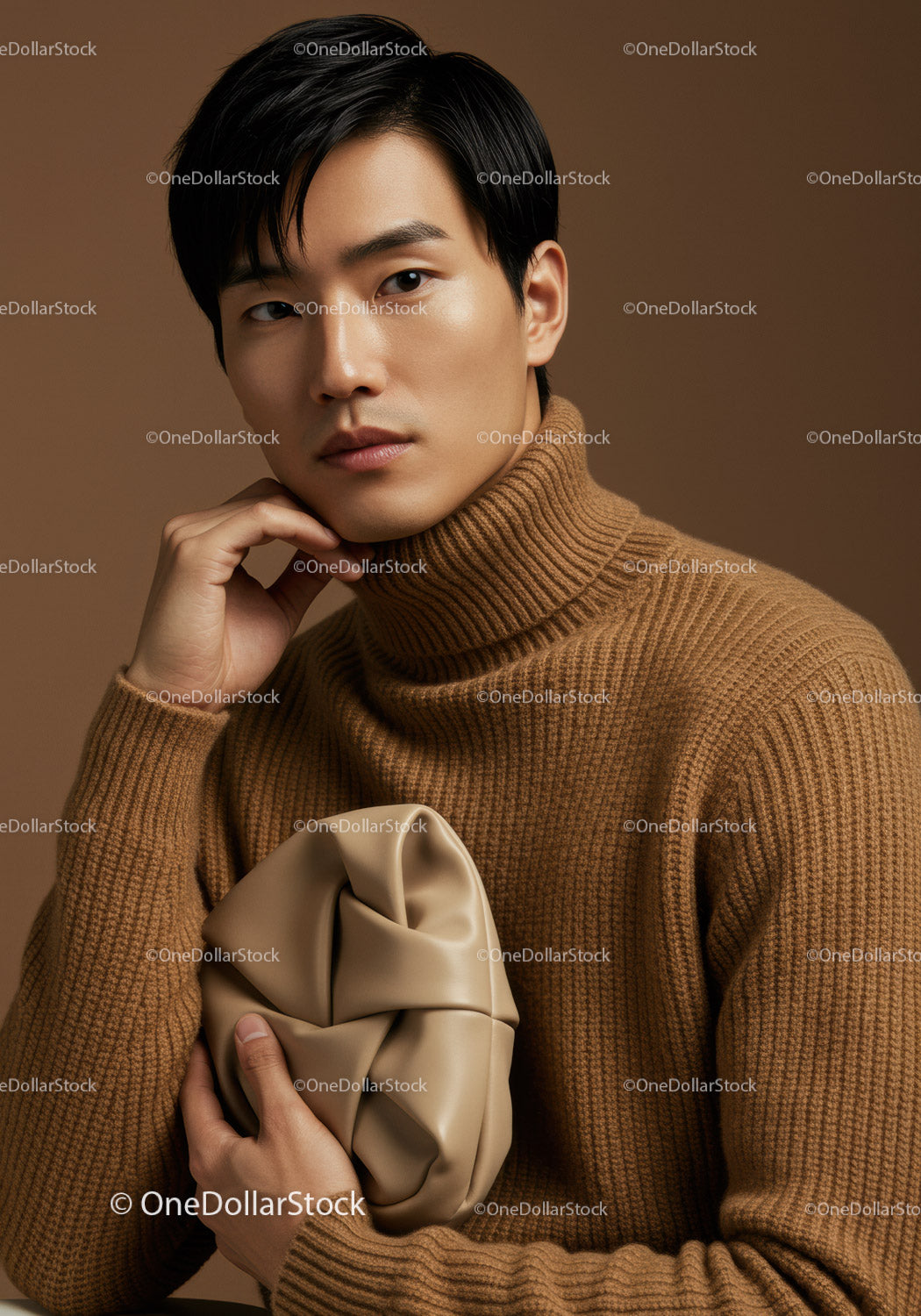 Elegant Male Model in Brown Turtleneck with Beige Clutch for Fashion