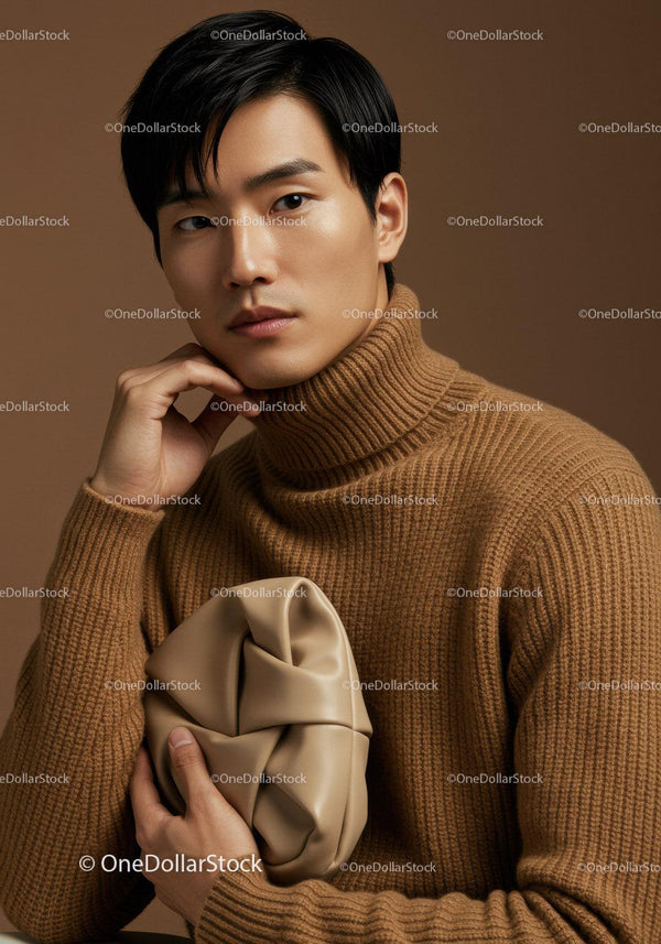 Elegant Male Model in Brown Turtleneck with Beige Clutch for Fashion