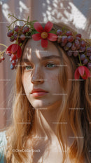 Young Woman with Red Floral Crown and Purple Grapes Outdoor Portrait
