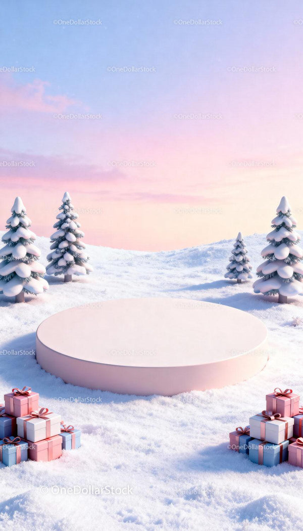 Winter snowy landscape with gift boxes and pastel podium