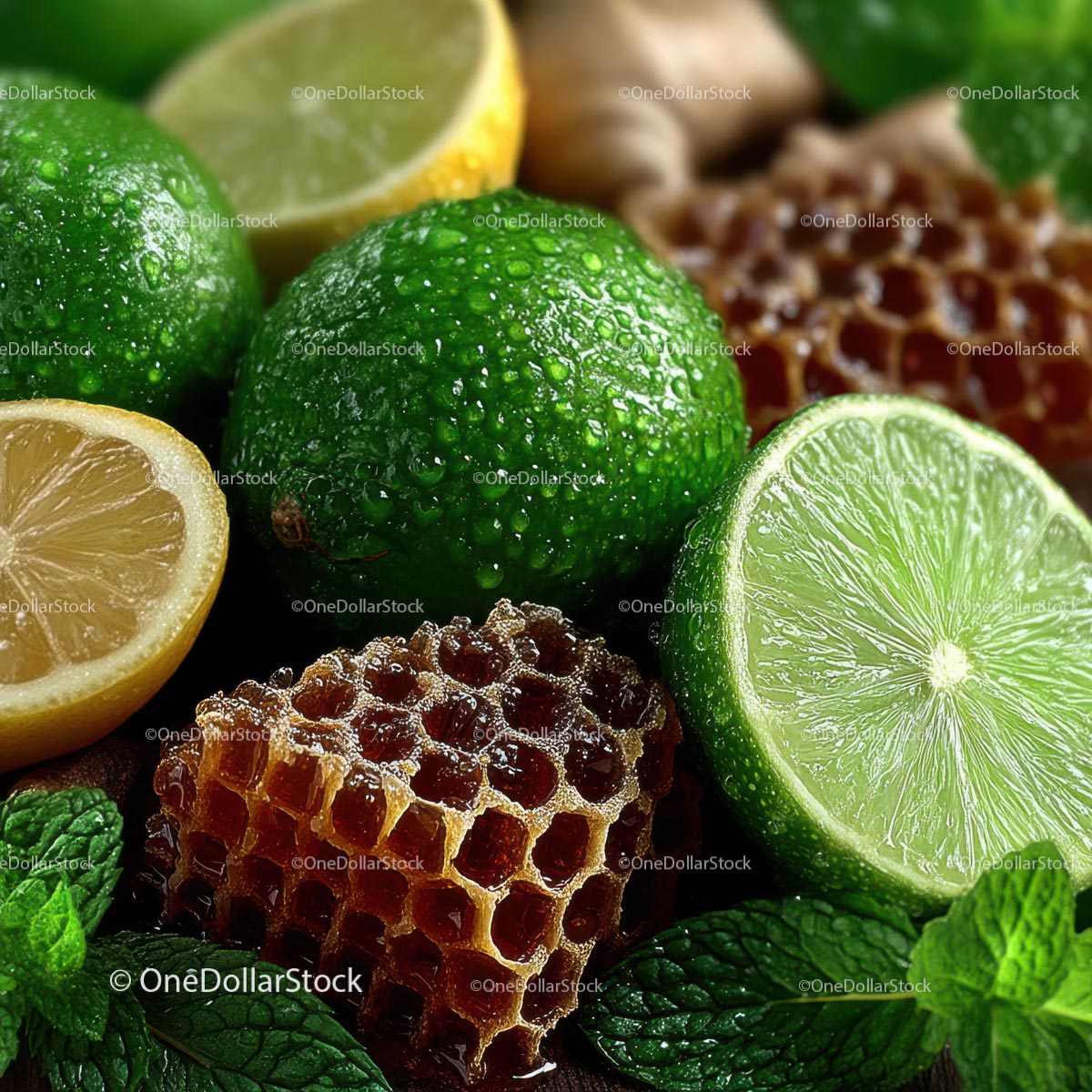 Fresh Limes, Mint Leaves and Honeycomb for Delicious Recipes
