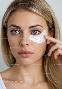 Young Woman with Under Eye Patch Performing Skin Care Treatment