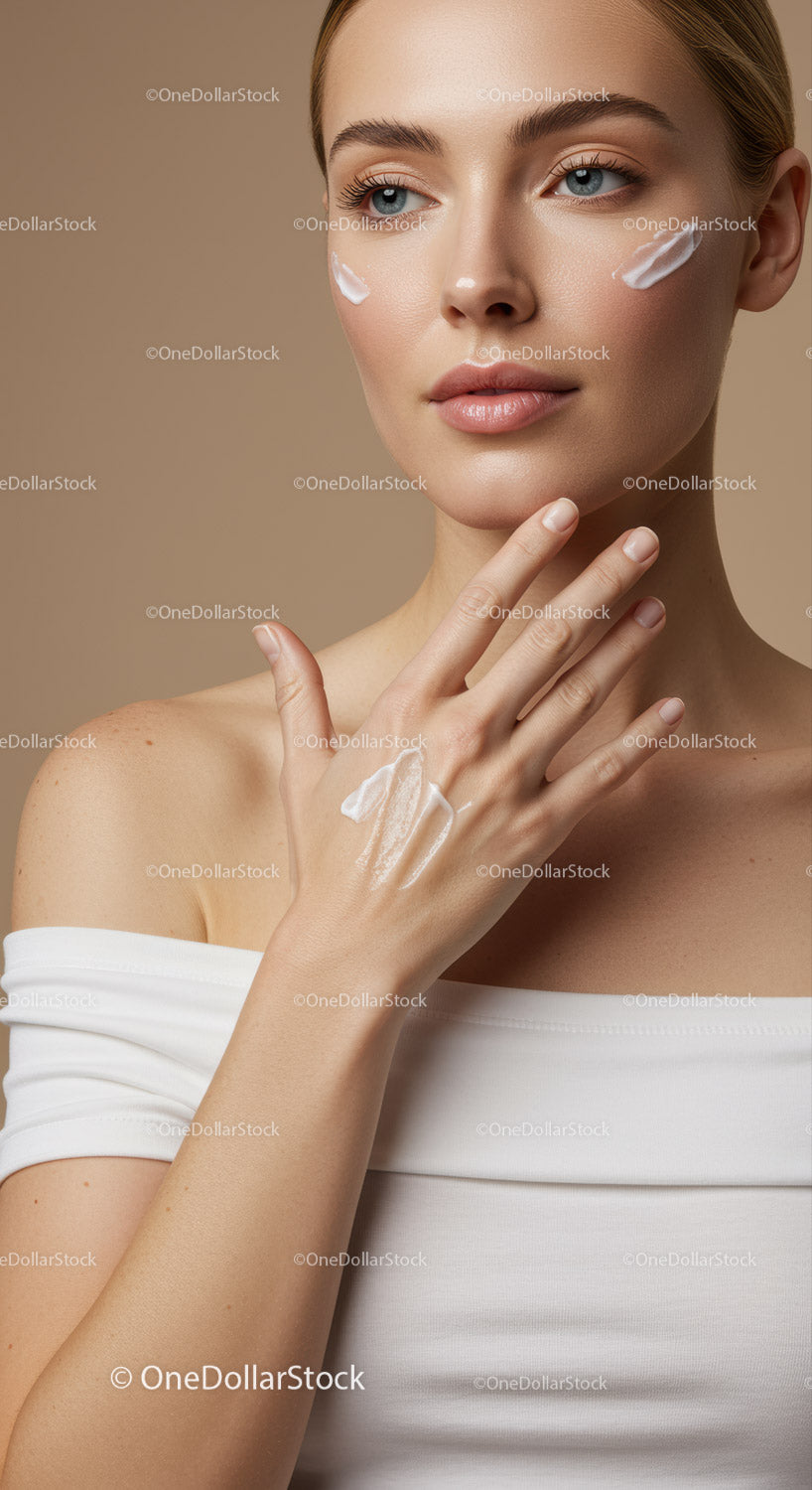 Elegant Woman Applying Moisturizer for Flawless Skin Stock Photo