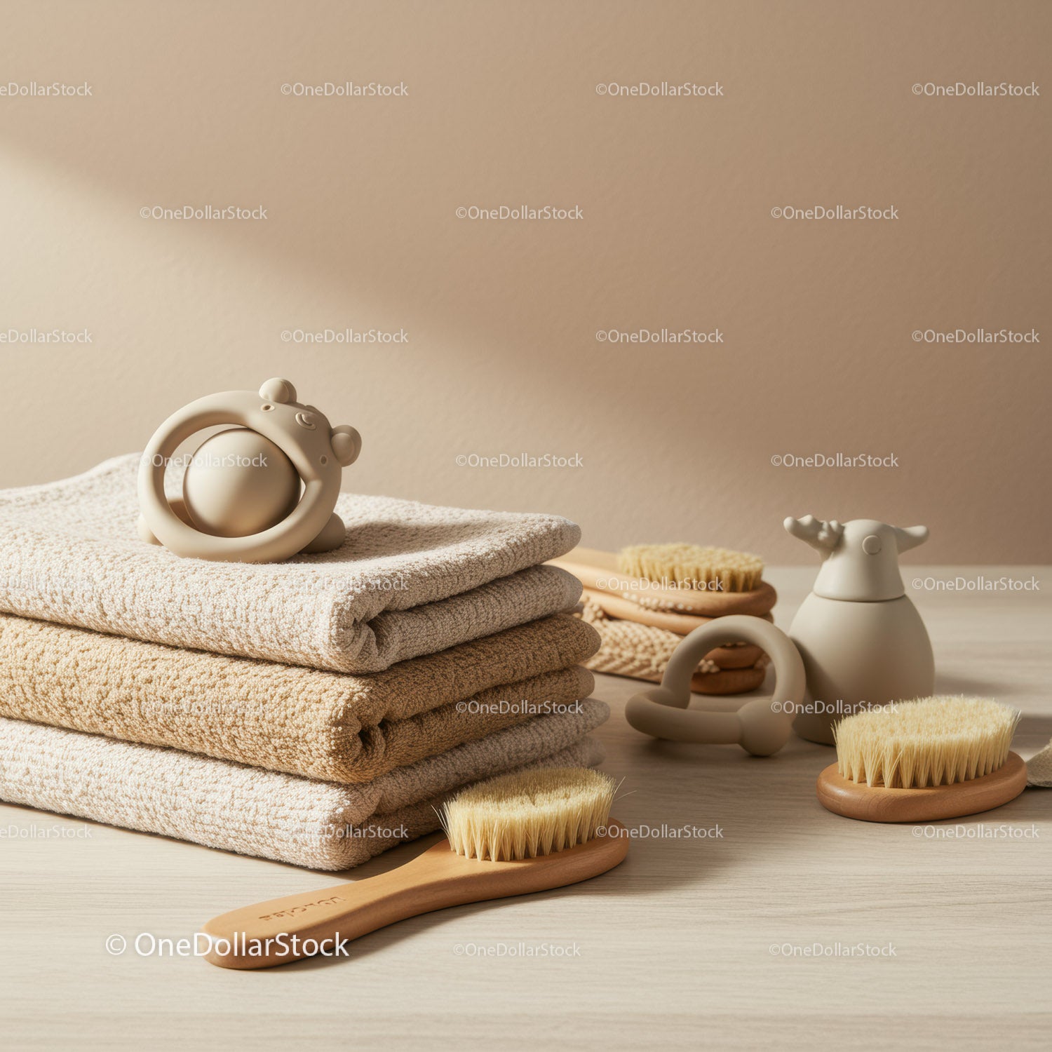 Stack of Soft Towels with Natural Baby Care Accessories