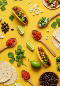Fresh Ingredients for Mexican Tacos on Yellow Background