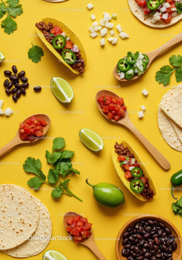 Fresh Ingredients for Mexican Tacos on Yellow Background