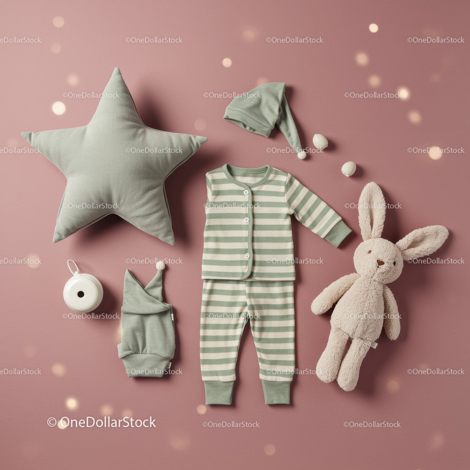 Soft Baby Pajamas Set with Plush Toys on Pink Background
