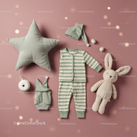 Soft Baby Pajamas Set with Plush Toys on Pink Background