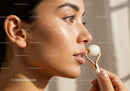 Close-Up of Woman Receiving Facial Skincare Treatment with Jade Roller