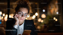 Young Woman in Glasses Using Smartphone in Café at Night